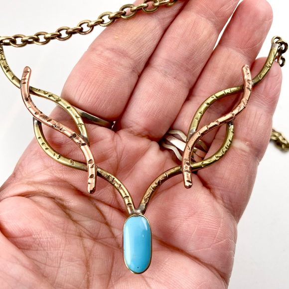 Vintage Celtic Brutalist Art Copper Sleeping Beauty Turquoise Statement Necklace - Picture 6 of 7